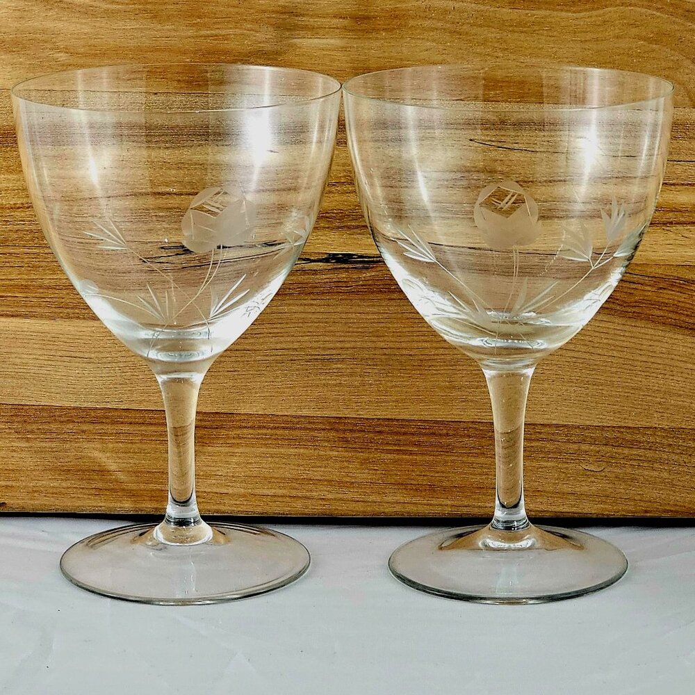 2 Cut Glass Rose Water Glasses 6" vtg ice tea wine goblets etched floral 10oz